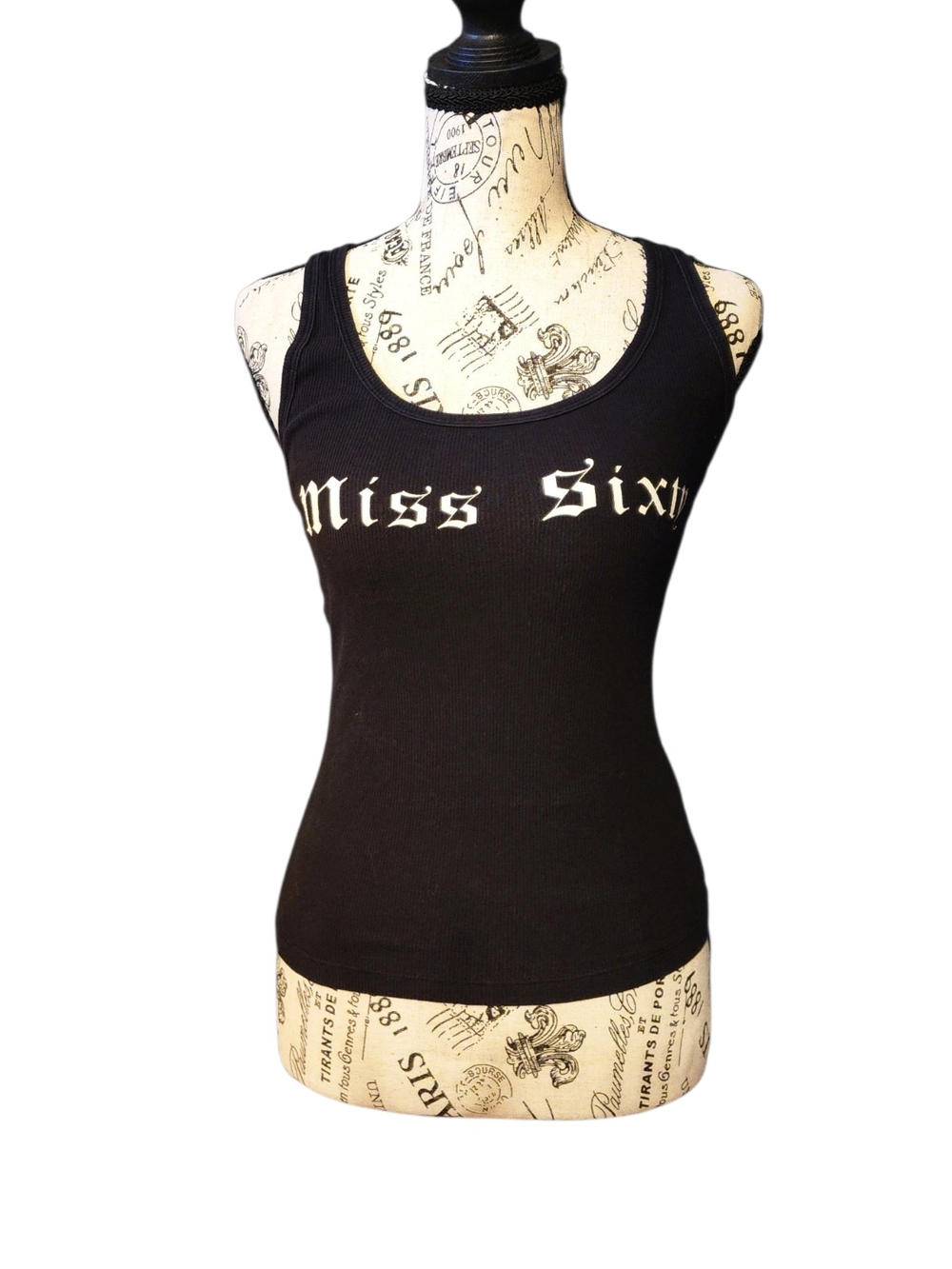 Miss Sixty Black Ribbed Gothic Logo Tank, X-Small